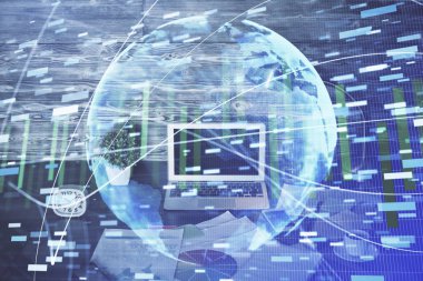 İş teması simgelerinin çoklu pozlandırılması ve bilgisayar geçmişi olan çalışma alanı. Başarı kavramı.