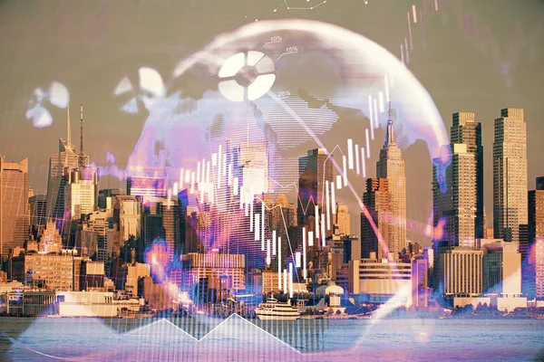 Forex graph on city view with skyscrapers background double exposure. Financial analysis concept. — Stock Photo, Image