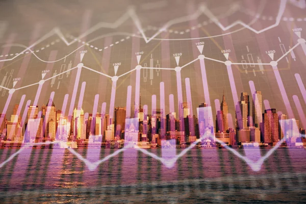 Forex chart on cityscape with tall buildings background multi exposure. Financial research concept. — Stock Photo, Image