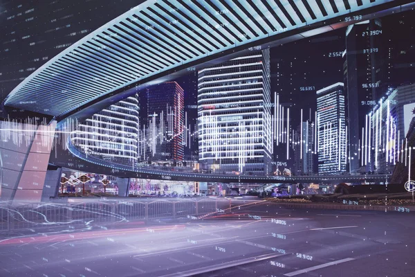 Grafico Forex su paesaggio urbano con edifici alti sfondo multi esposizione. Concetto di ricerca finanziaria. — Foto Stock