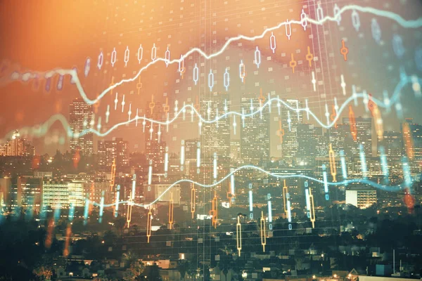 高層ビルの背景マルチ露出と夜の都市景観上の金融グラフ。分析の概念. — ストック写真