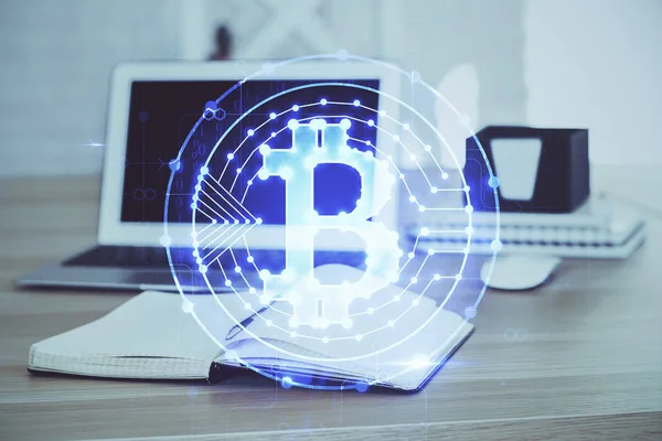 Double exposure of blockchain theme hologram and table with computer background. Concept of bitcoin crypto currency. — Stock Photo, Image