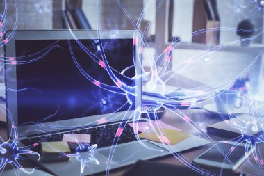 Masaüstü bilgisayar arkaplanı ve nöron çizimi. Çifte maruziyet. Eğitim kavramı.