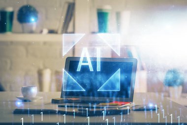 Teknoloji temalı çizim ve bilgisayarla çalışma alanı. Çifte maruziyet. Yenilik kavramı.