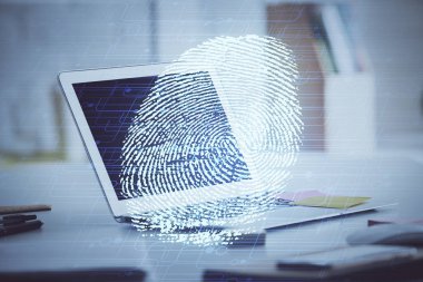 Ofisteki bilgisayarın parmak izi çizimi. Çifte maruziyet. İş veri güvenliği kavramı.