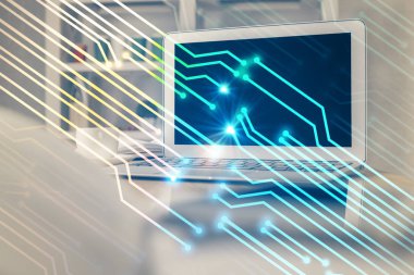 Teknoloji temalı çizim ve bilgisayarlı masa. Çoklu maruz kalma. Bilgi kavramı.