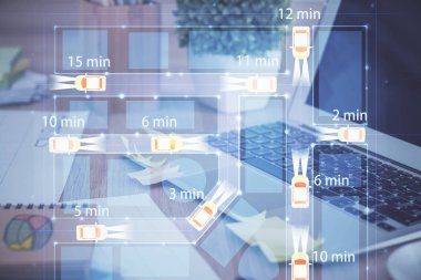 Otomobil hologramı çizimi olan masaüstü bilgisayar arkaplanı. Çoklu maruz kalma. Teknoloji kavramı.