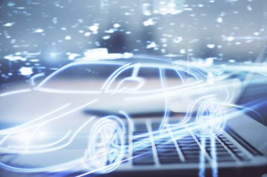 Otomobil hologramı çizimi olan masaüstü bilgisayar arkaplanı. Çoklu maruz kalma. Teknoloji kavramı.
