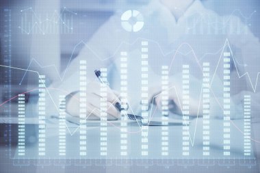 Finansal grafik el notları arka plan alarak üzerinde çizilmiş. Araştırma kavramı. Çoklu pozlama