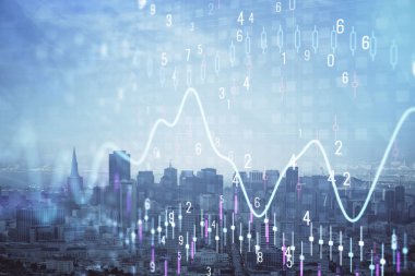 Gökdelenler arka planda çoklu pozlama ile şehir görünümünde eski grafik. Mali analiz kavramı.