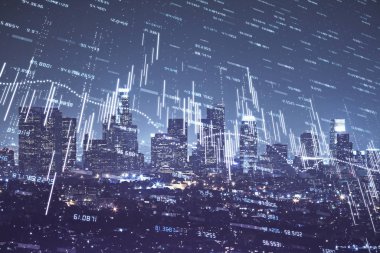 Yüksek binaların arka planında çoklu pozlama olan eski şehir haritası. Finansal araştırma kavramı.