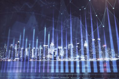 Yüksek binalar arka plan çok pozlama ile gece şehir scape mali grafik. Analiz kavramı.