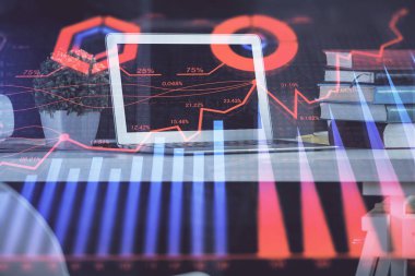 Eski pazar grafiği hologramı ve kişisel bilgisayar geçmişi. Çifte maruziyet. Yatırım kavramı.