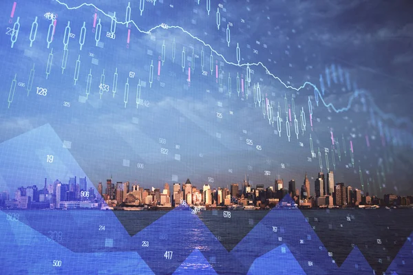 Gráfico de divisas en paisaje urbano con rascacielos fondo de pantalla doble exposición. Concepto de investigación financiera . —  Fotos de Stock