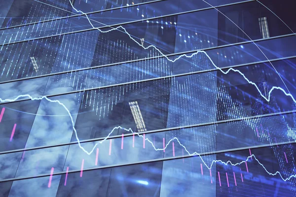 Devisendiagramm auf Stadtbild mit hohen Gebäuden Hintergrund Multi-Exposure. Finanzielles Forschungskonzept. — Stockfoto