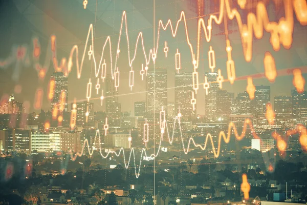 Financial graph on night city scape with tall buildings background multi exposure. Analysis concept.