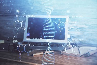 Masaüstü bilgisayar arkaplanı ve DNA çizimi. Çifte maruziyet. Bilim konsepti.