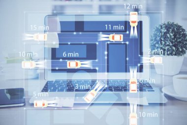 Otomobil hologramı çizimi olan masaüstü bilgisayar arkaplanı. Çoklu maruz kalma. Teknoloji kavramı.