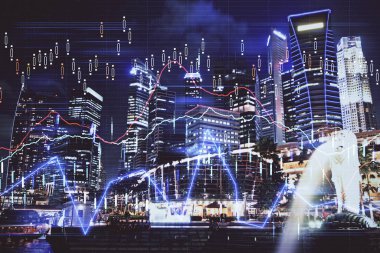 Yüksek binalar arka plan çok pozlama ile şehir scape mali grafik. Analiz kavramı.