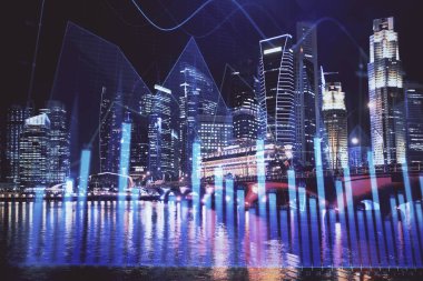 Yüksek binalar arka plan çok pozlama ile şehir scape mali grafik. Analiz kavramı.