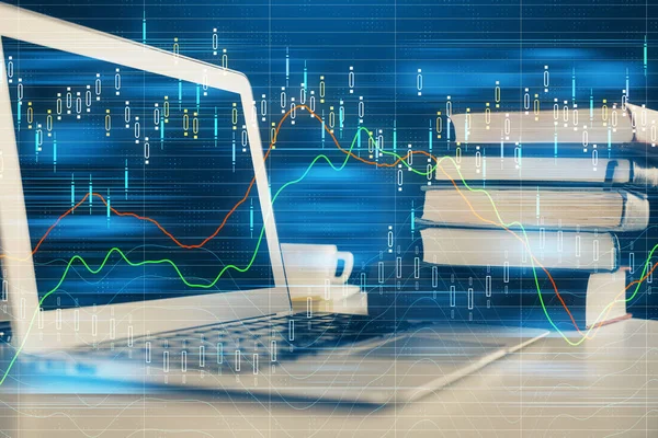 Gráfico financeiro desenho colorido e tabela com computador no fundo. Dupla exposição. Conceito de mercados internacionais. — Fotografia de Stock