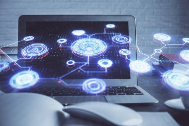 Sosyal ağ tema simgesi olan masaüstü bilgisayarı. Çoklu maruz kalma. Uluslararası bağlantılar kavramı.