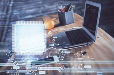 Teknoloji temalı çizim ve bilgisayarlı masa. Çifte maruziyet. Bilgi kavramı.