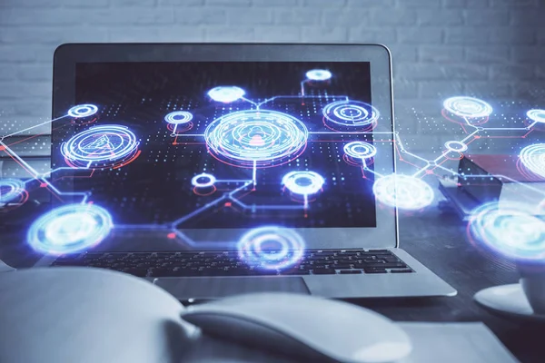 Sosyal ağ tema simgesi olan masaüstü bilgisayarı. Çoklu maruz kalma. Uluslararası bağlantılar kavramı.