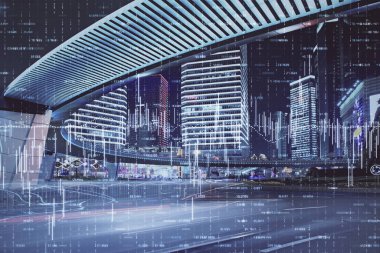 Yüksek binaların arka planında çoklu pozlama olan eski şehir haritası. Finansal araştırma kavramı.