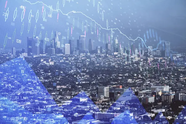 Devisendiagramm auf Stadtbild mit Wolkenkratzern Tapete Doppelbelichtung. Finanzielles Forschungskonzept. — Stockfoto