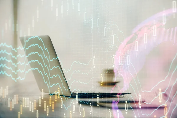 Multi exposure of chart and financial info and work space with computer background. Concept of international online trading. — Stock Photo, Image