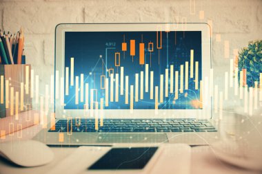 Bilgisayar geçmişi olan eski grafik hologramı. Çifte maruziyet. Finans piyasası kavramı.