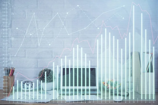 Gráfico financiero dibujo colorido y mesa con el ordenador en el fondo. Doble exposición. Concepto de mercados internacionales. — Foto de Stock