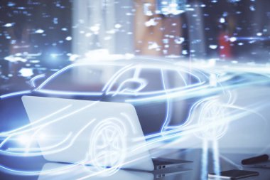 Otomobil hologramı çizimi olan masaüstü bilgisayar arkaplanı. Çoklu maruz kalma. Teknoloji kavramı.