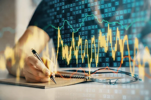 Multi exposure of womans hands making notes with forex graph hologram. Concept of technical analysis. — Stock Photo, Image