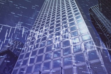 Yüksek binaların arka planında çoklu pozlama olan eski şehir haritası. Finansal araştırma kavramı.
