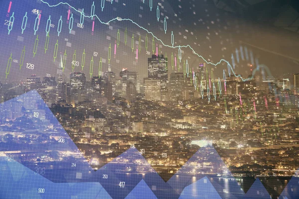 Financial graph on night city scape with tall buildings background double exposure. Analysis concept.