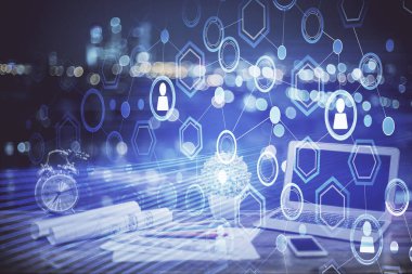 Sosyal ağ tema simgesi olan masaüstü bilgisayarı. Çoklu maruz kalma. Uluslararası bağlantılar kavramı.