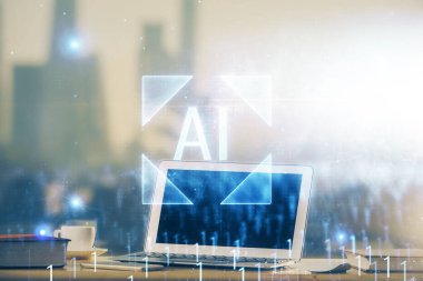 Teknoloji temalı çizim ve bilgisayarla çalışma alanı. Çifte maruziyet. Yenilik kavramı.