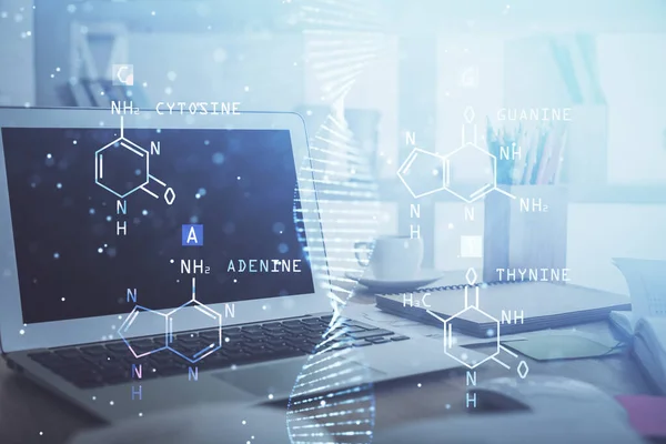 Pozadí stolního počítače a kresba DNA. Dvojité vystavení. Vědecký koncept. — Stock fotografie