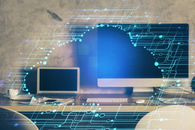 Teknoloji temalı çizim ve bilgisayarla çalışma alanı. Çoklu maruz kalma. Yenilik kavramı.