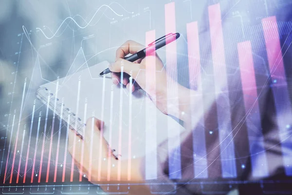 Multi exposure of hands making notes with forex chart huds. Stock market concept. — Stock Photo, Image