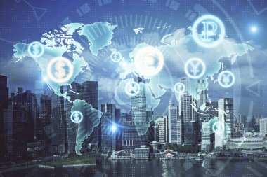 Gökdelenler, duvar kağıtları ve çoklu pozlama ile şehir manzarasının eski çizelgesi. Finansal araştırma kavramı.