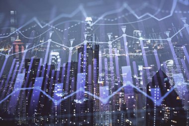 Cityscape arka plan üzerinde forex grafik çizimleri çift pozlama. Başarı kavramı.