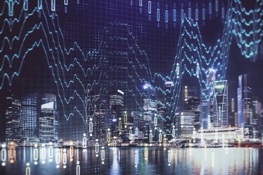 Yüksek binalar arka plan çok pozlama ile şehir scape mali grafik. Analiz kavramı.