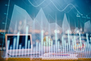 Bilgisayar geçmişi olan eski grafik hologramı. Çifte maruziyet. Finans piyasası kavramı.