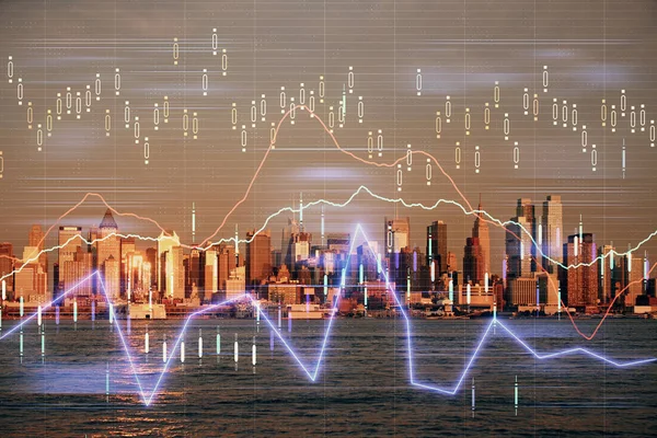 Devisendiagramm auf Stadtbild mit hohen Gebäuden Hintergrund Multi-Exposure. Finanzielles Forschungskonzept. — Stockfoto