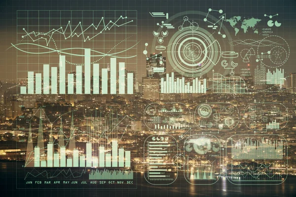 Gráfico financeiro sobre paisagem da cidade noturna com edifícios altos de fundo exposição dupla. Conceito de análise . — Fotografia de Stock