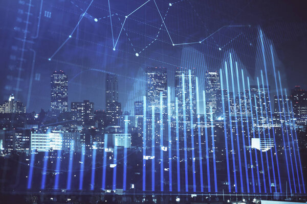 Financial graph on night city scape with tall buildings background multi exposure. Analysis concept.