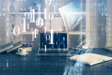 Teknoloji temalı çizim ve bilgisayarla çalışma alanı. Çoklu maruz kalma. Yenilik kavramı.